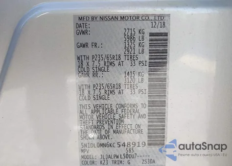 2019 Infiniti Qx60 Pure from USA, damaged, VIN 5N1DL0MN6KC548919